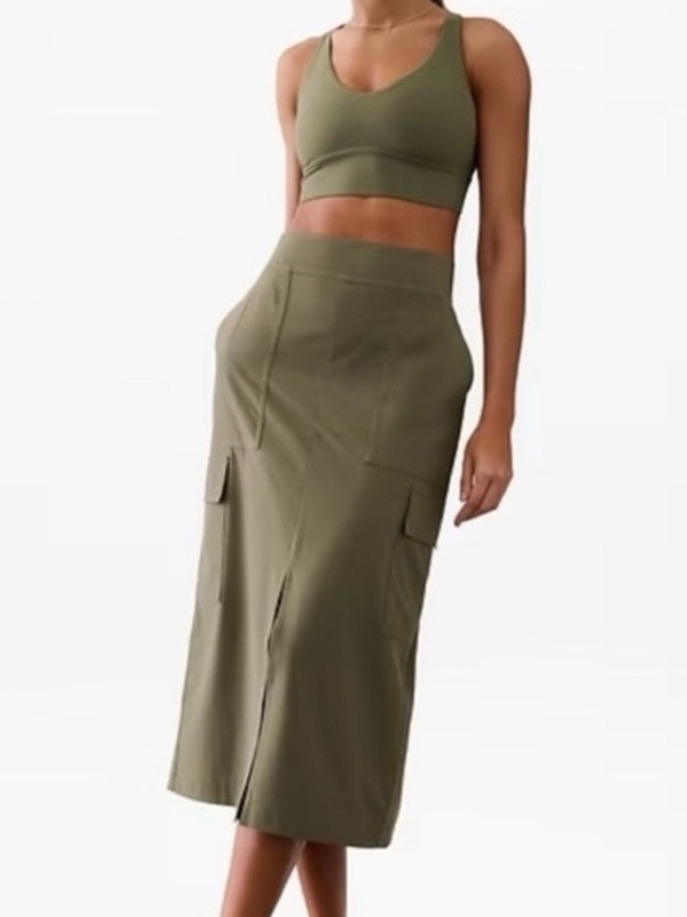 Athleta Brooklyn Cargo Skirt Khaki Green Midi Utility Pockets Size 8 Active